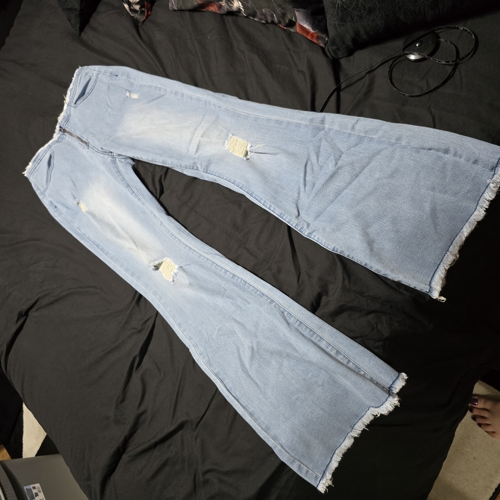 Light Blue Distressed Flare Jeans, Medium